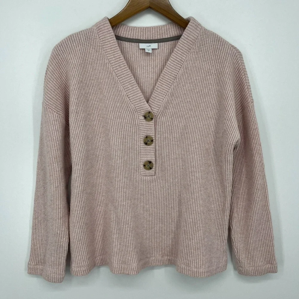 J. Jill Sweater Women's Size M Pink Knit 1/4 Button‎ V-Neck Rayon Blend